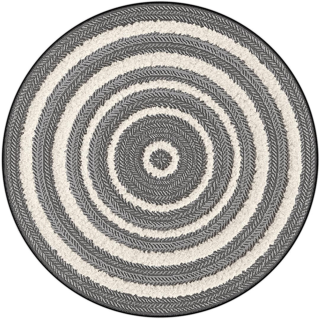 Tapis intérieur et extérieur effet jute motif rond noir diamètre