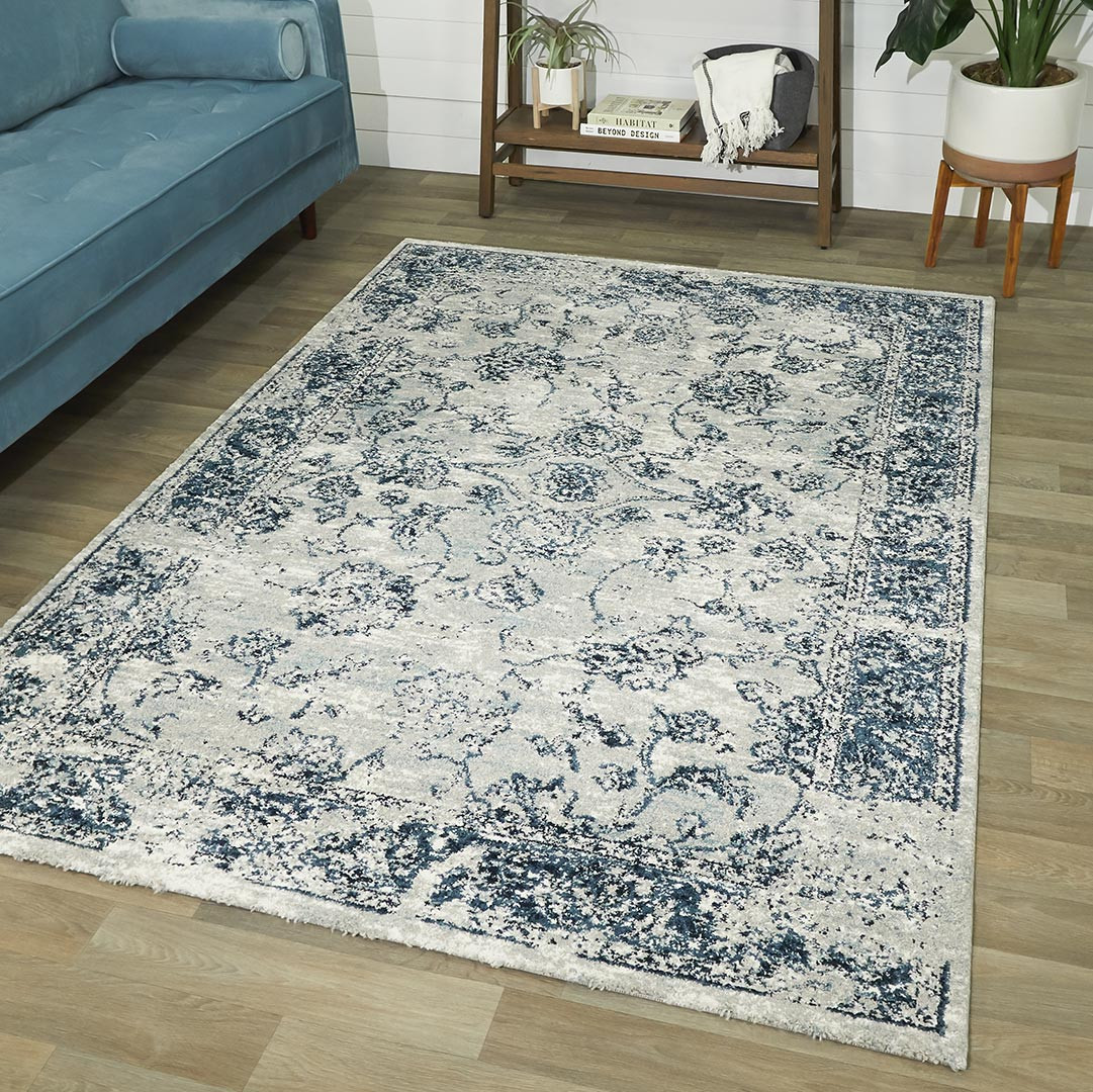 Tapis Rectangulaire Gris Blanc et Bleu en Polyes…