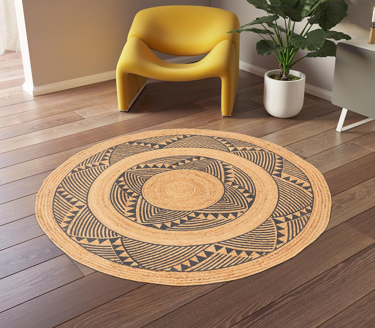 Tapis en jute rond ethnique moderne Libby