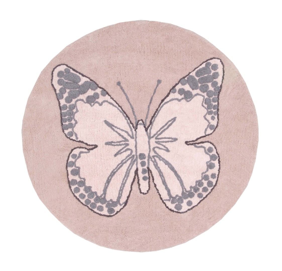 Tapis rond pour chambre de fille rose réversible Butterfly Lorena Canals