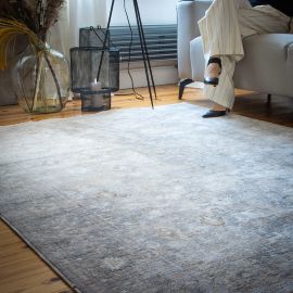 Tapis gris vintage avec franges rayé Pastel