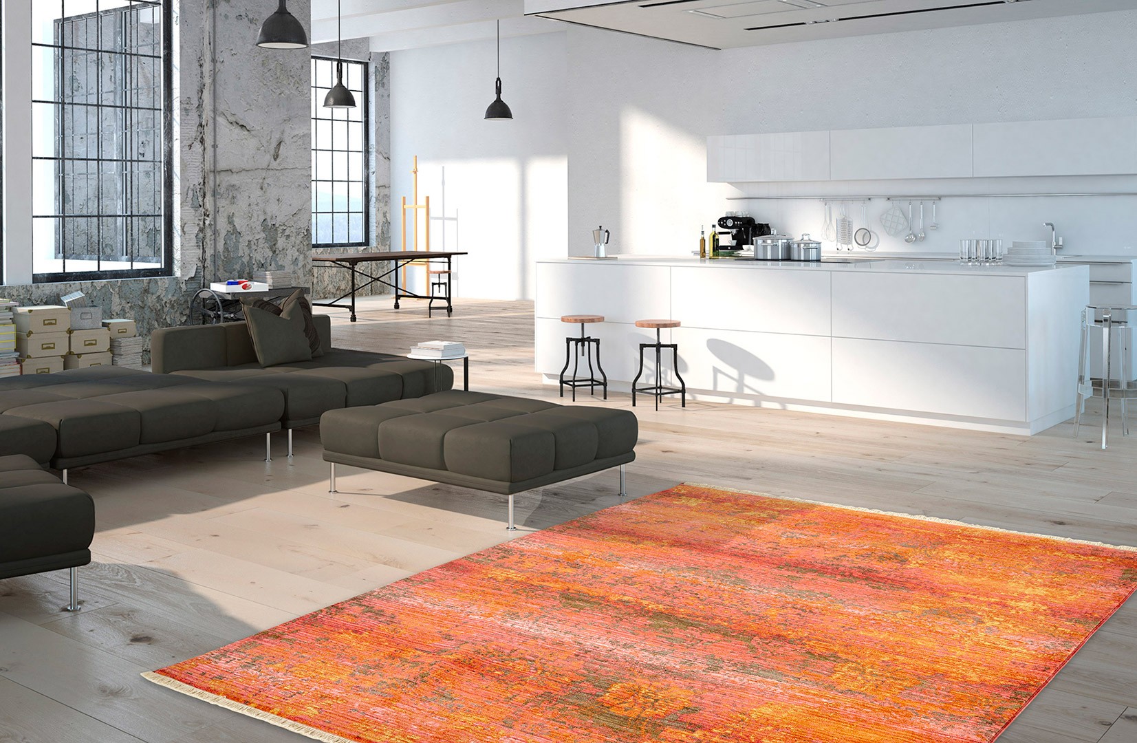 Tapis de salon rouge en polyester vintage Renzo