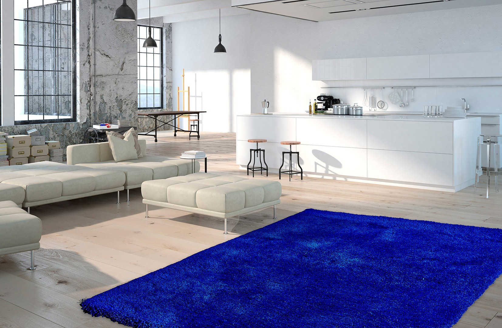 Tapis Shaggy Uni En Polyester Bleu Royal Waffle