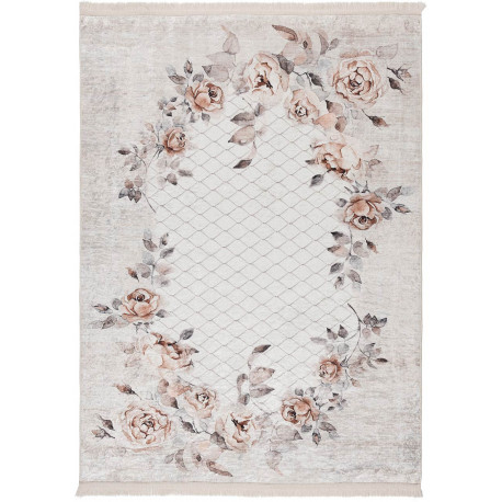 Tapis floral baroque taupe lavable en machine avec franges Herve