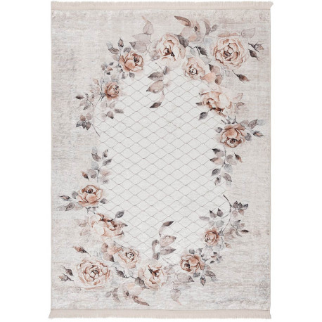 Tapis floral baroque taupe lavable en machine avec franges Herve