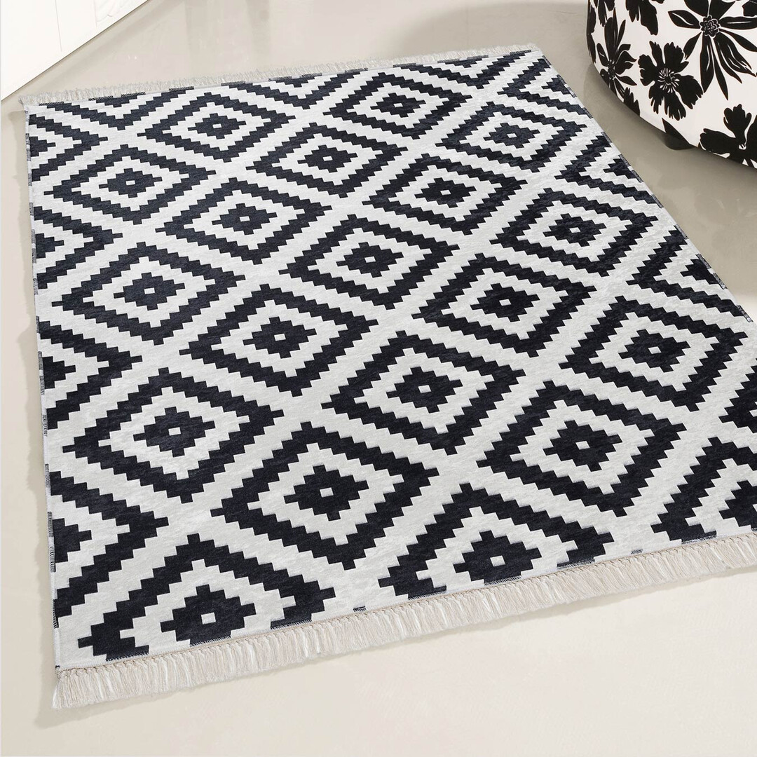 Tapis Scandinave Lavable En Machine Graphique Blanc Et Noir Lessines