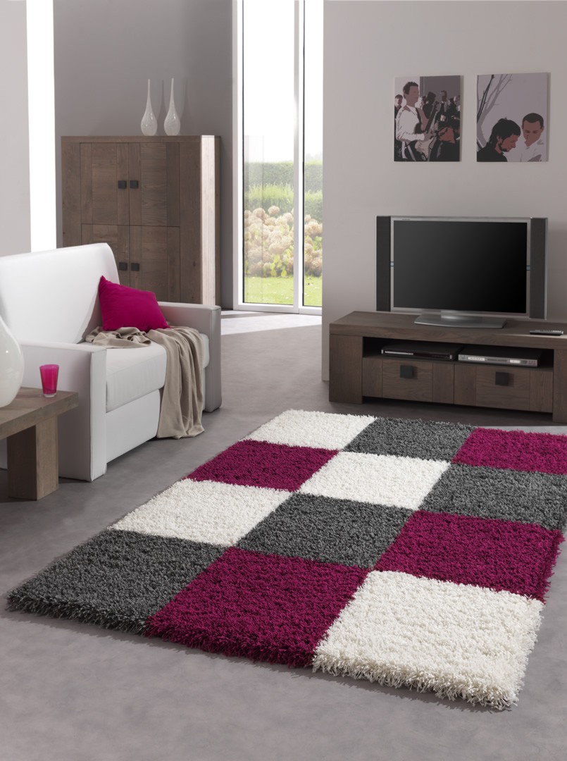 Tapis En Damier Shaggy Gris Et Pourpre Deauville