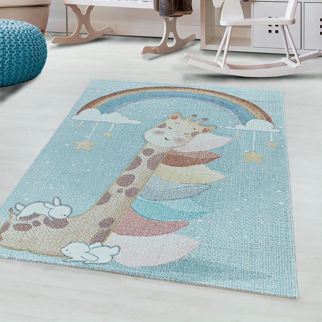 Tapis bébé à courtes mèches bleu Giraphe