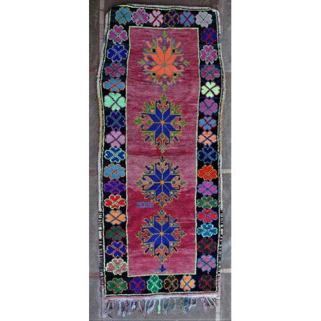 Tapis boucharouite rouge vintage 295x120 noué main Meera