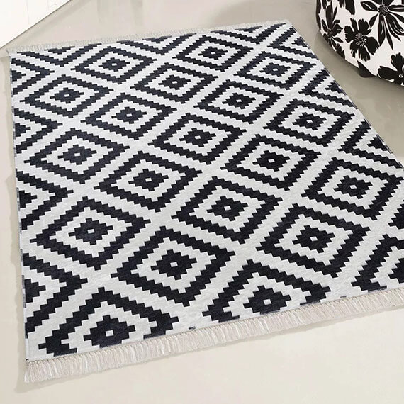 Tapis scandinave lavable en machine graphique blanc et noir lessines