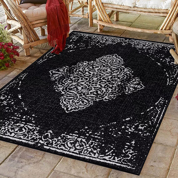 Tapis vintage noir plat intérieur et extérieur Marocco